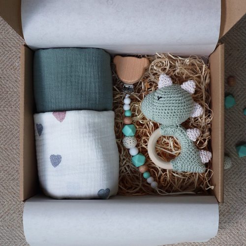 Mint Green Dino Heart Box - Baba ajándékdoboz 